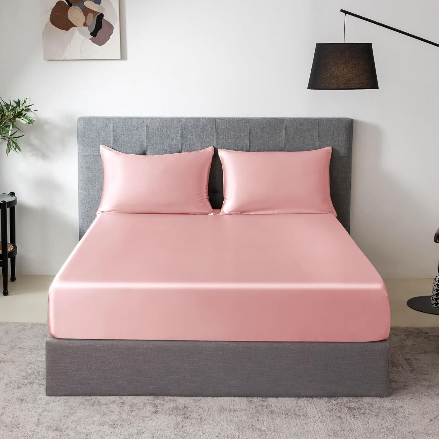 THXSILK 100% Mulberry Silk Fitted Sheet Set, 7A Silk 3 Pieces Bed Sheets, Breathable, Smooth, 16 Inch Deep Pocket Fitted Sheet, 2 Pillowcases - Charming Pink, Queen