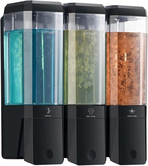 Shampoo and Conditioner Dispenser,GlintGath Shower Dispenser 3 Chamber No Drill Shampoo Dispenser for Shower Wall Mounted for Bathroom Hotel,Large Capacity 3 * 500ML,Black