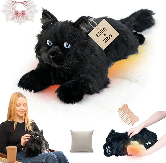 Chongker Microwavable & Weighted Stuffed Animals, 2 lbs Heated Stuffed Animal Cat Plushie with Removable Unscented Heating Pad for Belly Neck Shoulders, Plush Toys for Adults Children (Black)