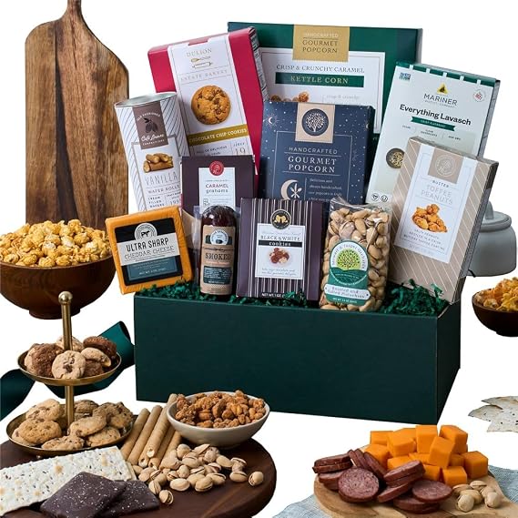 Snack Gift Basket Premium of Meat, Cheese, Cookies, Chocolate and Popcorn by