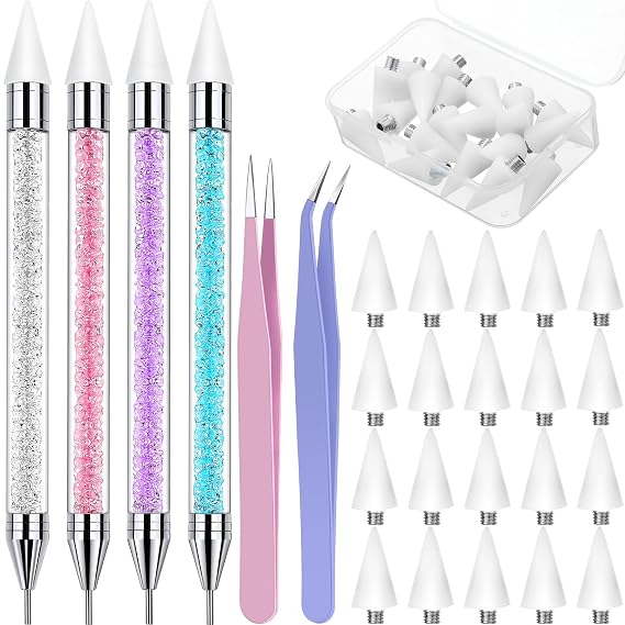 Tatuo 4 Set/26 Pcs Rhinestone Picker Tool Dotting Pen Dual-ended Nail Art Rhinestones Applicator Gems Crystals Beads Picker Wax Pencil with 20 Wax Head 2 Tweezers DIY Nail Art Tool(Elegant Color)