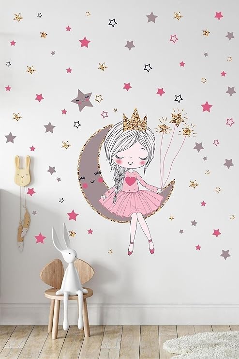 MSticker-Ayda Oturan Sevimli Kız Çocuk Odası Duvar Sticker Seti