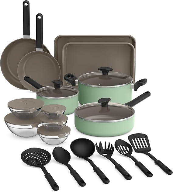 bella 21 Piece Kitchen Set with EverGoodTM Ceramic Nonstick Coating, Dishwasher & Oven Safe, All Stovetops Compatible, Tempered Glass Lids & Cool Touch Handles, Seaglass