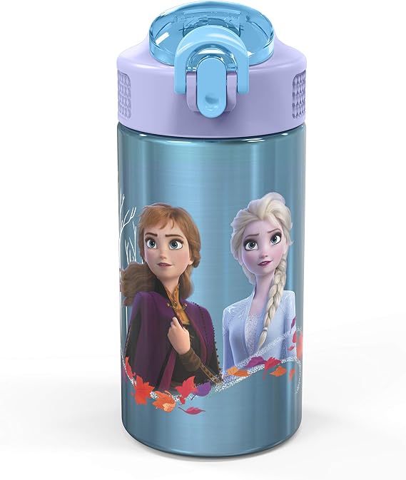 Zak Designs Frozen II 15.5oz Stainless Steel Kids Water Bottle with Flip-up Straw Spout - BPA Free Durable Design, (Elsa And Anna) (FRZA-S730-C)