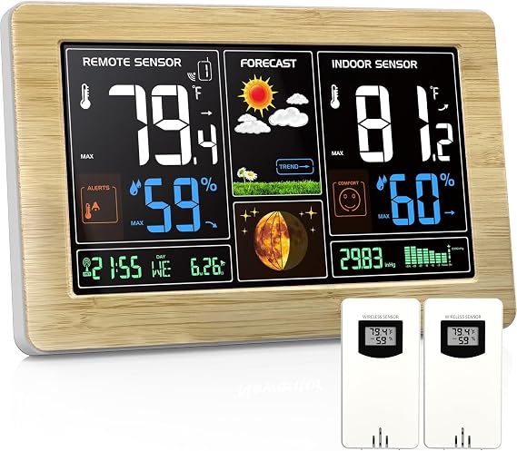 Wireless Weather Station Indoor Outdoor Thermometer Hygrometer with Atomic Clock, 7.5" Color Display Barometric Pressure Forecast Station, Wooden Weather Clock with 2 Sensors