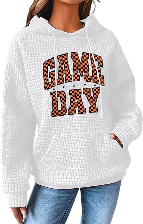 Game Day Hooded Sweatshirt Women Funny Football Graphic Shirt Waffle Knit Game Day Pullover Hoodies Long Sleeve