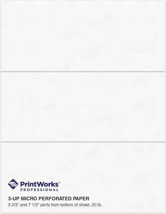 PrintWorks Professional 3 Part Perforated Paper 8.5 x 11 - Perfect for W-2, 1099, Statement Use - Made in the USA - 500 Sheets - 20 lb - Printer Compatible - White (04120)