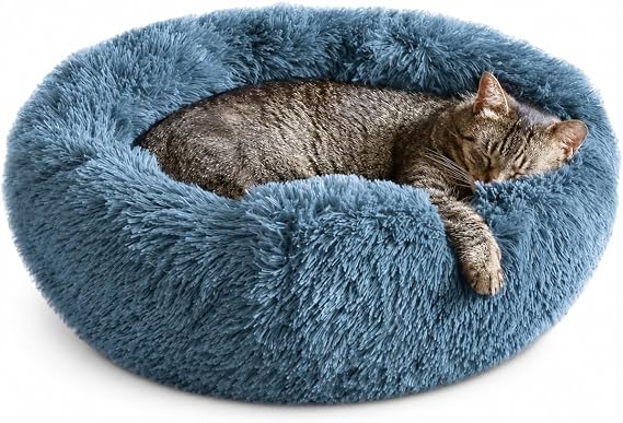 Whiskers & Friends Soothing Cat Bed for Indoor Cats, Small Dog Bed, Large Cat Bed, Cute Fluffy Round Donut Cat Bed & Furniture Anti Anxiety Pet Bed - Up to 25 lbs - Washable