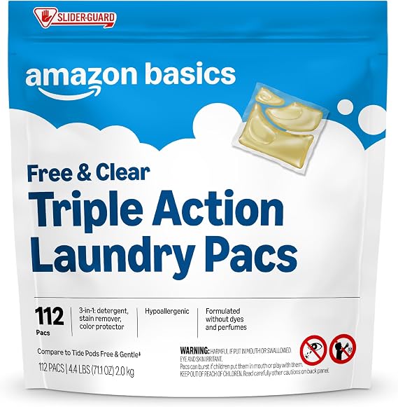 Amazon Basics Laundry Detergent Pacs, Free & Clear, Powerful Triple Action, Hypoallergenic, Unscented, 112 Count