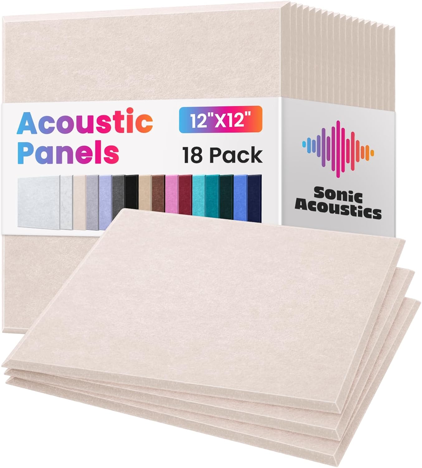 18 Pack Acoustic Panels Self Adhesive Sound absorbing Wall Panels, High Density Dampening Panel, 12X12X0.4 Inch Square Wall Panels in Home,Office,Reccording Room,Studio Light Camel