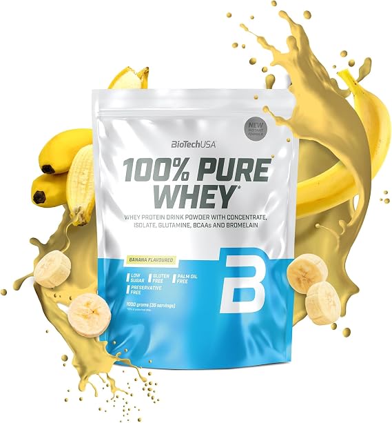 BioTechUSA 100% Pure Whey | Protein Powder with BCAA and Glutamine | Gluten-Free, Palm Oil Free | 21g Protein per Serving, 1 kg, Banana