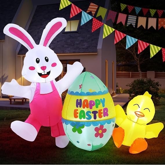 Elegear 5FT Easter Inflatables Bunny & Chick Outdoor Decoration, Lighted Easter Blow Up Yard Decor with Colorful Egg for Lawn, Garden, Holiday Party & Spring Display