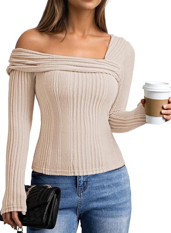 Viottiset Womens Fashion Off The Shoulder Tops Long Sleeve Knit Shirt Drop Shoulder Sweater Top