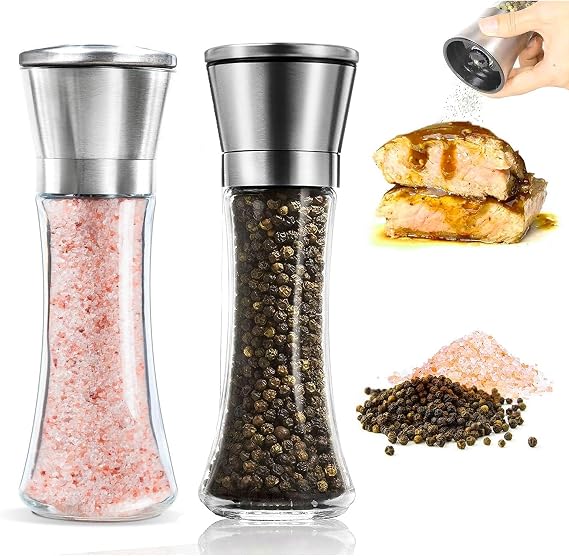 Salt and Pepper Grinder Set - 2Pack Stainless Steel Salt Manual Pepper Mills with Adjustable Coarseness for Spices and Seeds Fits in Home, Kitchen, Outdoor (No Salt and Peppercorns) - Tall