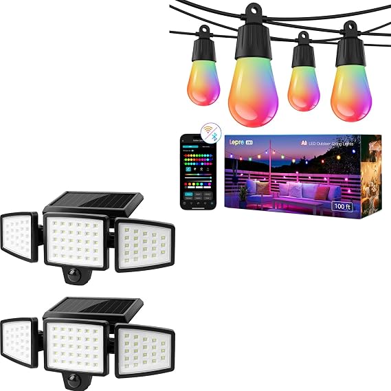 Lepro Bundle - 2-Pack Solar Flood Light 3 Adjustable Heads & AI Smart Outdoor String Lights