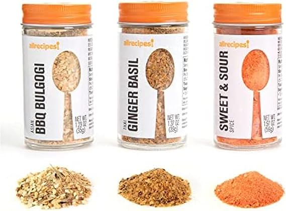 Allrecipes Asian Spice Blends (Asian BBQ Bulgogi, Sweet and Sour, Thai Ginger Basil) in Glass Jars with Removable Sifter Caps for Sprinkling, Set of 3, Clear, 9.63 x 6.13 x 2-Inch