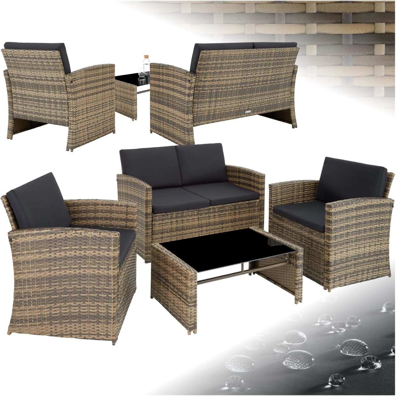 tectake Lounge Garden Furniture Set Poly Rattan for the Garden Furniture for the Balcony 12-Piece Garden Lounge (Weatherproof) Dining Set with Outdoor Sofa Armchair and Table for 4 People (Natural/Dark Grey)