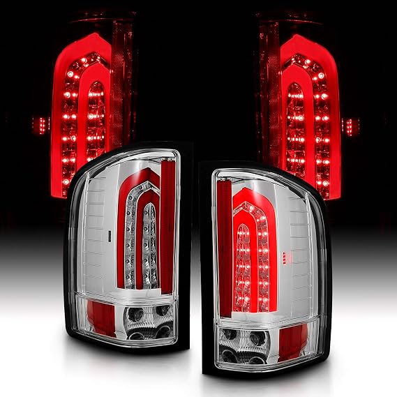 for 2007-2013 Chevy Silverado | GMC Sierra Heavy Duty Chrome Red LED Tube Taillights Back Light Assembly Set - Passenger and Driver Side