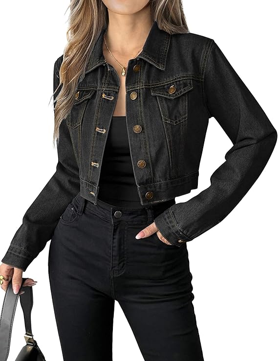 Women's Button Down Long Sleeve Cropped Denim Jean Jacket with Pockets