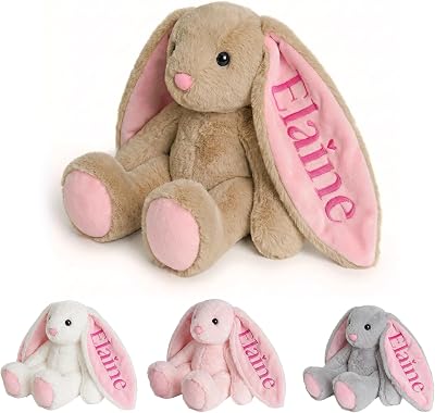 Personalized Easter Bunny Stuffed Animal for Baby Girl - Custom Name Embroidered Pink Rabbit Plush Toy - Soft First Easter Basket Stuffer, Newborn Shower Gift 10-16 Inch
