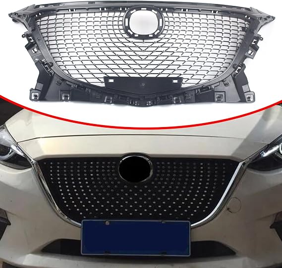 Diamond Style Front Grill Middle Front Bumper Upper Hood Mesh Grille Compatible with Mazda 3 Axela 4 Door Sedan 2014 2015 2016