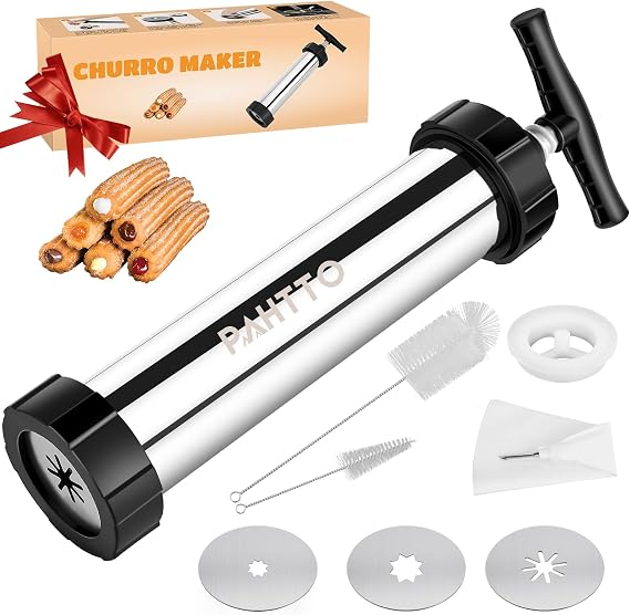 Churro Maker Kit, Stainless Steel Hollow Churro Machine, Churro Maker Gun with Piping Bag and 2 Cleaning Brushes, 4 Nozzles for Various Shapes, Maquina para Hacer Churros, Perfect Gift