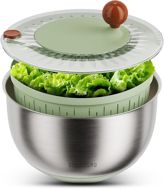 Large Stainless Steel Salad Spinner 5.3QT, Lettuce Dryer, Vegetable Washer with Brake Button, Non-Slip Base, Salad Dryer for Greens, Fruits & Vegetables