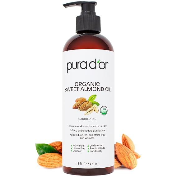 PURA D'OR ORGANIC Sweet Almond Oil, Pure Carrier Oil for Hair & Skin, 16 Oz