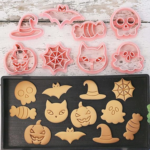8pcs Mini Halloween Cookie Cutters, One-touch Molding Cookie Stamps