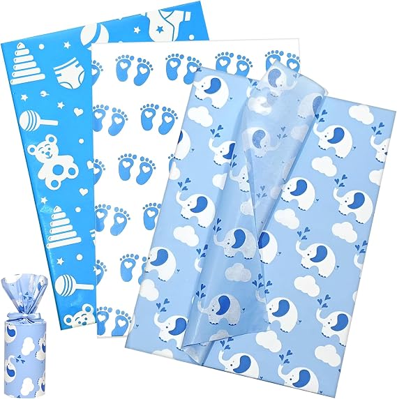 Baby Blue Tissue Paper 28x20 inch, 30 Sheets Large Baby Boy Gift Wrap Tissue Paper for Gift Bag & Packaging, Cute Elephant Footprint Cloud print Art Tissue for Baby Shower, Birthday, Anniversary Craft