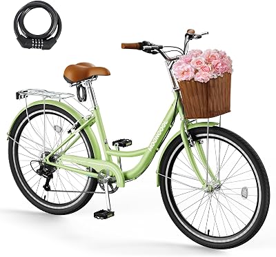 DoCred 2426 Inch Adult Bicycle, 7 Speed Womens City Bike, Lightweight Adult Bike Beach Complete Cruiser Bike for Women, Womens Commuter Bicycle with Rattan Front Basket & Lock