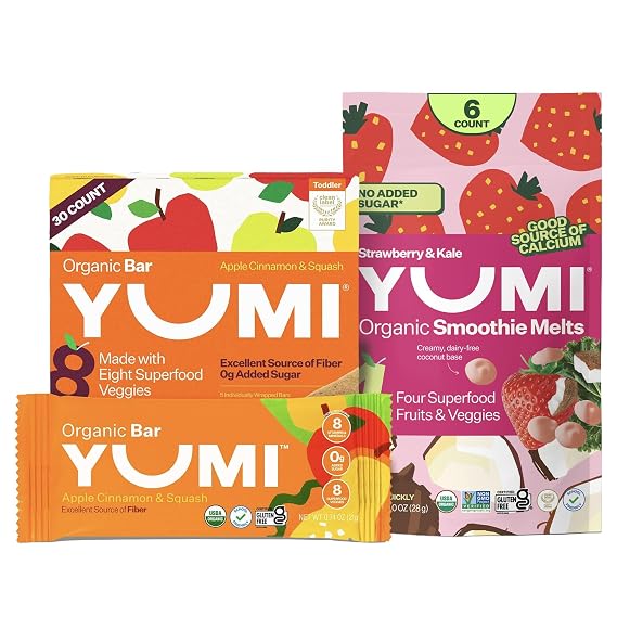 Yumi Organic Toddler Snacks Bars - Gluten-Free, No Added Sugar, 7+ Vegetables, Apple Cinnamon & Squash (30ct.) & Yumi Smoothie Melts - Toddler, Kids & Baby Snacks, Gluten-Free, Strawberry & Kale (6 ct