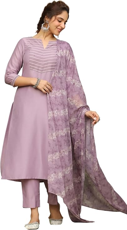 Janasya Indian Women Lavender Embroidered Kurta Kurti Top Tunic Festive Evening wear Kurta with Bottom and Dupatta for Women