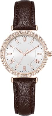 NUOVO Womens Leather Strap Bezel Crystal Accented Rose Gold Case Elegant Ladies Colorful Watch