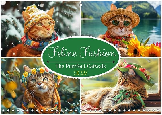 Calendar 2027 Feline Fashion. The Purrfect Catwalk | Stylishly through the year with our trendy cat friends 11.7" x 16.5" Open Size CALVENDO Wall Calendar