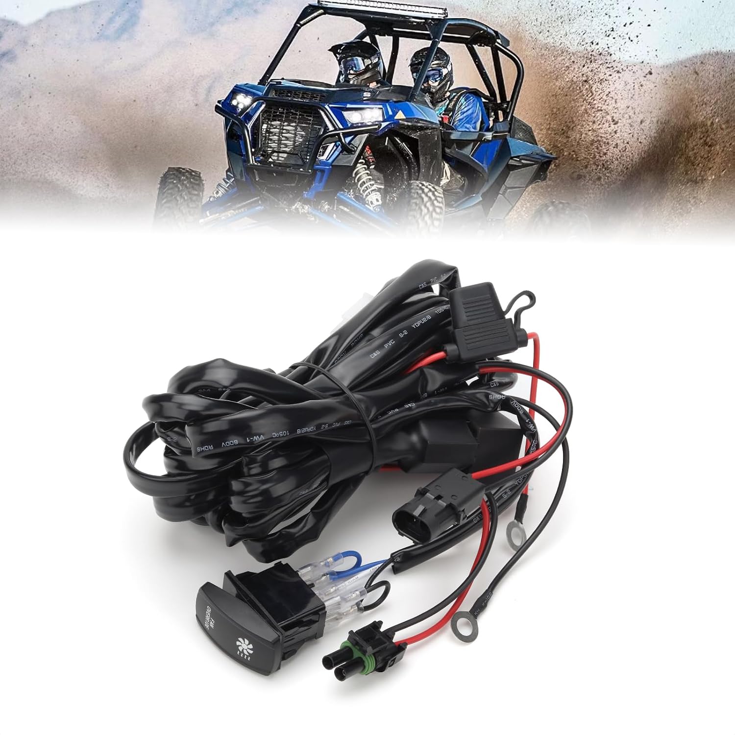 LKV UTV Fan Override Switch Kit with Relay, Plug & Play Cooling Fan Override 360W Wiring Harness LED Rocker Switch Compatible with Polaris RZR Ranger Can-Am X3 Maverick ATV