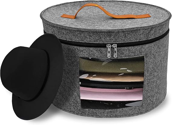 Hat Box Clothing Storage Box in Felt Material-Soft and Comfortable- Travel Round Collapsible Hat Organizer with Lid to Carry or Store Various Hats Clothing Toys for Women & Men (17X10.24)