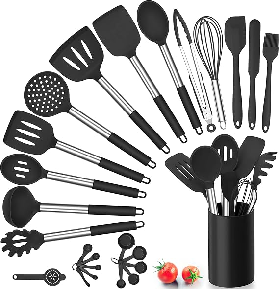 Herogo Silicone Kitchen Utensil Set 25-Piece Black Cooking Cutlery with Holder Hitzebeständiger Küchenutensilien Kochlöffel mit Edelstahlgriff Antihaft Kochutensilien Küchenset Spülmaschinenfest