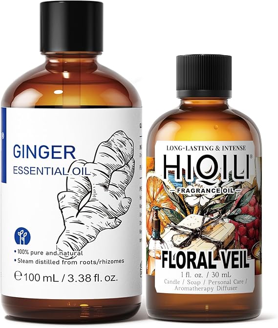 HIQILI 100ML Pure Ginger Essential Oil & 30ML Floral Veil Fragrance Oil, for DIY, Diffuser