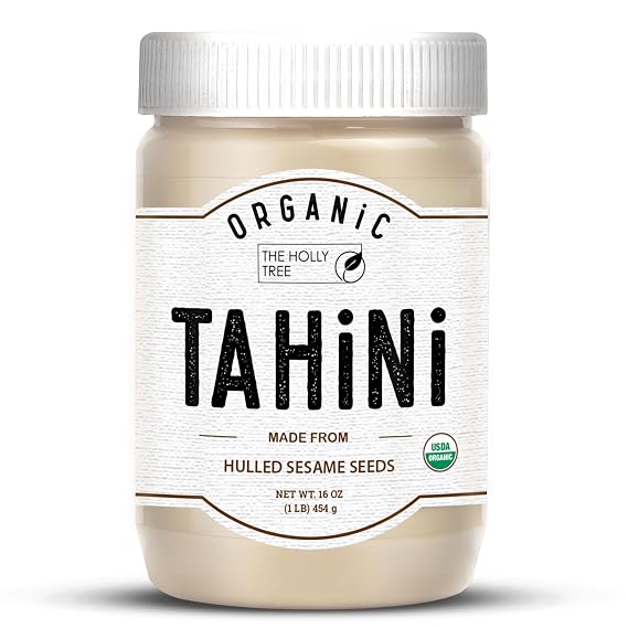 Organic Tahini Paste 16 oz (1lb) - Smooth Tahini Organic from Hulled Sesame Seeds - USDA Certified, Kosher, Gluten Free - Creamy Tahini Sauce & Sesame Paste for Cooking - The Holly Tree