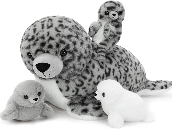 BENINY 4 Pcs Dark Gray Leopard Seal Stuffed Animal Set, 20 Inch Mother Seal