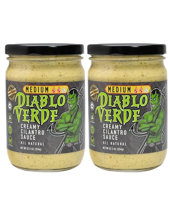 Diablo Verde Salsa, Award Winning Creamy Cilantro Sauce, Medium Heat Level, (2-pack) 12.5 oz bottle, Made with Cilantro, Garlic, Lime, Jalapeno Peppers, Vegetarian, Preservative-free, soy-free, egg-free, Multi-Jar Discount Available, Great dip for Halloween!