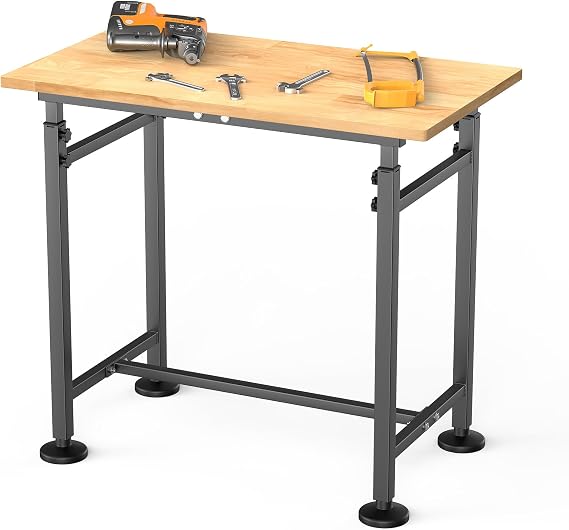 TORACK Adjustable Workbench with Rubberwood Top, 32" x 18" | Heavy-Duty, Garage Work Table, Height Adjustable 28"38", Supports up to 1500 lbs