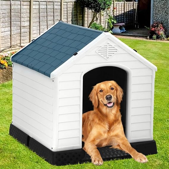 BLKMTY Dog House for Large Medium Small Dogs, Indoor Outside Dogs Pet Houses, Outdoor All Weather Dog Houses W/Base Support for Winter Durable, 34" D, Blue