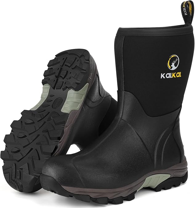 Kalkal Rubber Boots for Men, Waterproof Insulated Mid Calf Mens Rain Boots