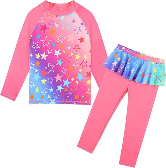 TFJH E Girls 2-Piece Long Sleeve Rash Guard Swimsuit Skirted Pants UPF 50+