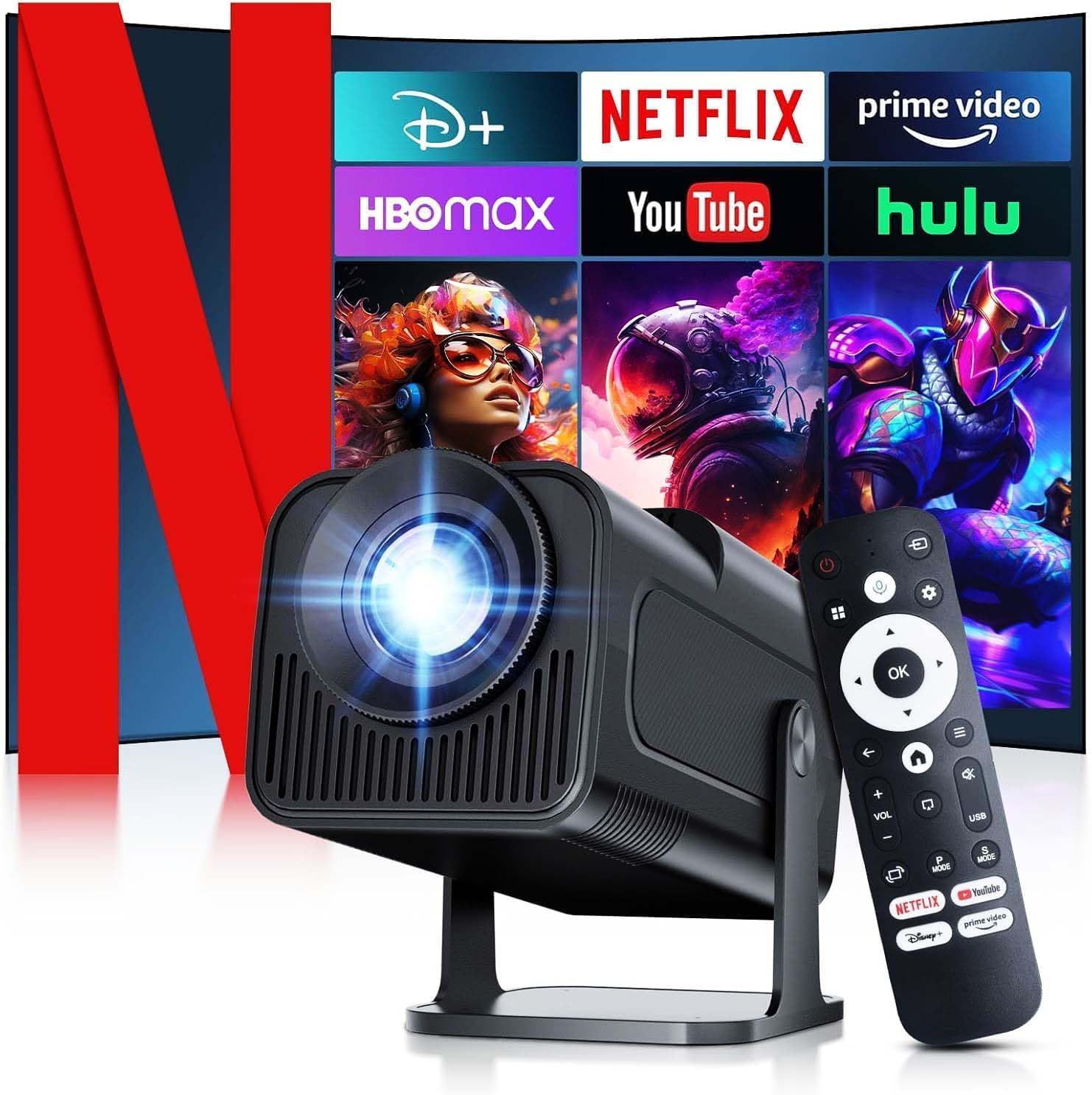 2025 Netflix Licensed ] 4K Projector with Wifi Bluetooth, Android 13 Smart Projector w Built-in NetflixYouTubePrimeVideoD, Auto Keystone, 1080P Native Mini Portable Projector for Outdoor Movies
