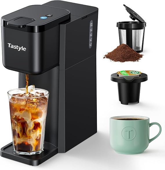Tastyle Mini Single Serve Hot and Iced Coffee Maker for K Cup and Ground | 6 to14 Oz Brew Sizes, with Recipe Book, for Home, Travel, RV, Office and Dorm, 120V, K310IC, 2.0 version, Classic Black