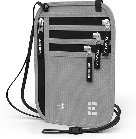 Zero Grid RFID Travel Neck Wallet, Extra Large Passport Holder, Light Grey