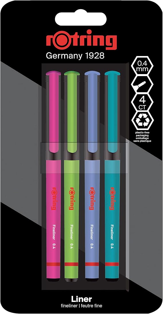 rotring Fineliner, Fine Felt Type Pen 0.4mm, Pack of 4, Vibrant Colors